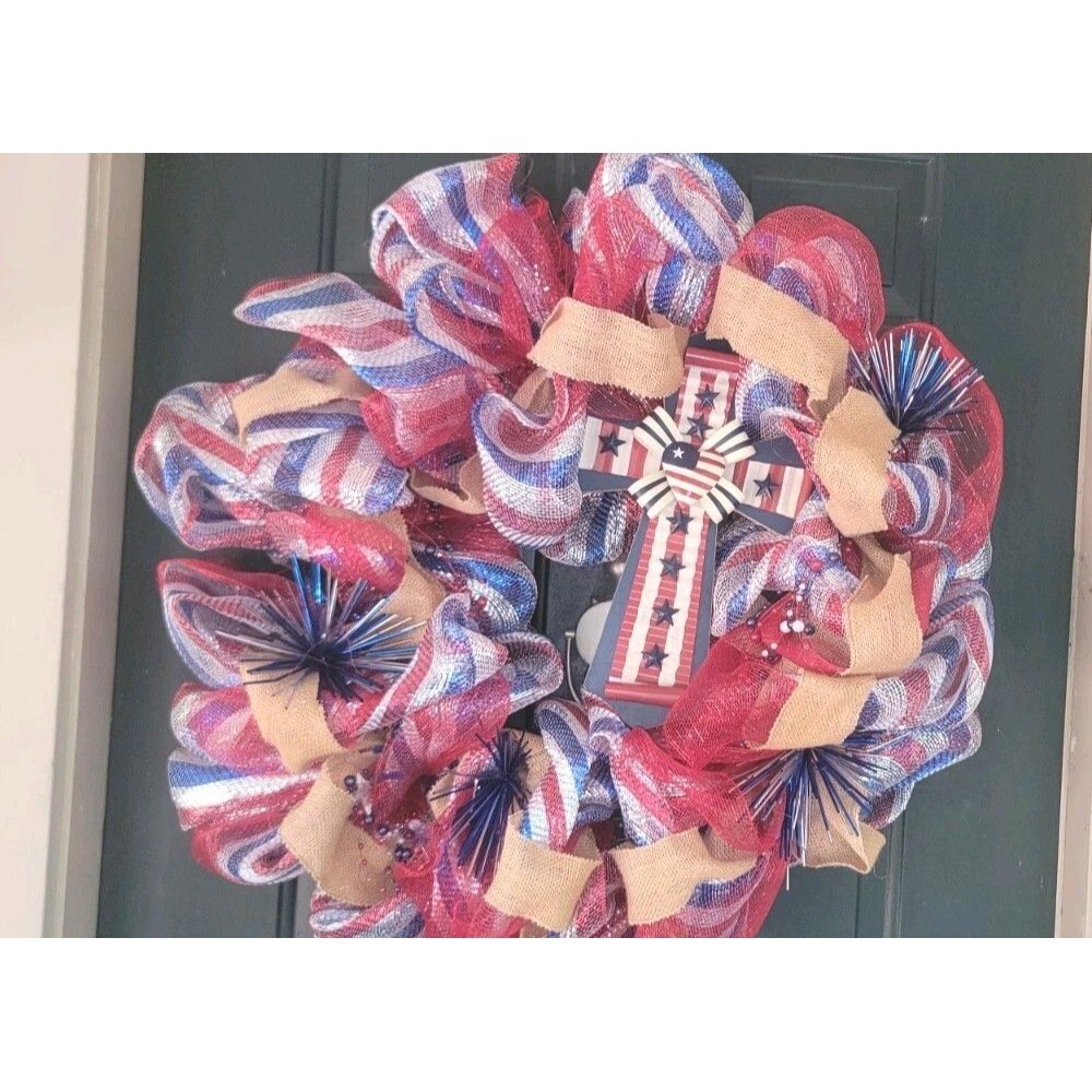 Patriotic 4th of July Mesh Ribbon Burlap Front Door Wreath Independence Day Cele